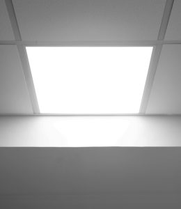 Photograph of LED panel light fitted in a ceiling.